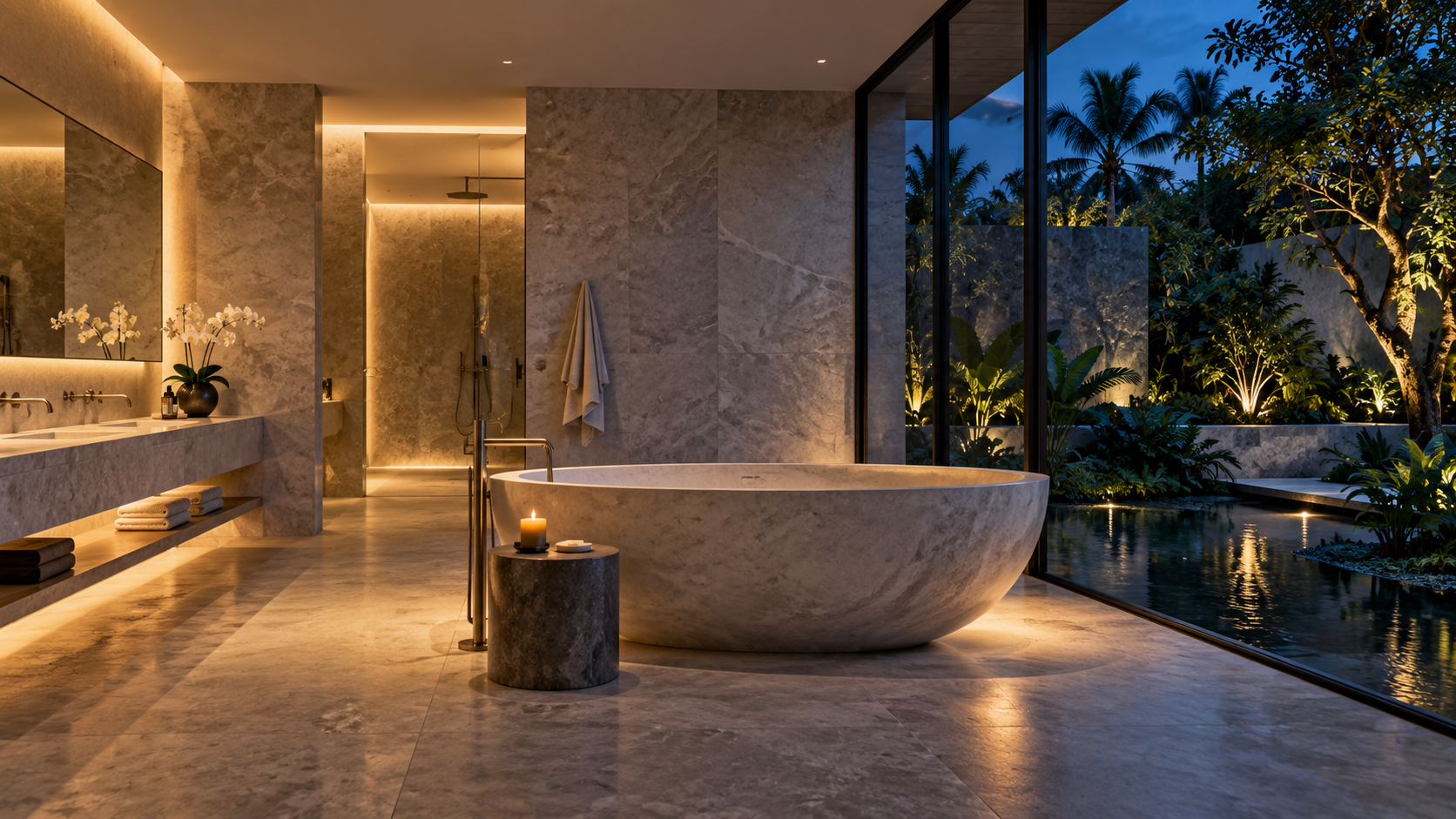 Design inspiration for a contemporary bathroom with warm finishes